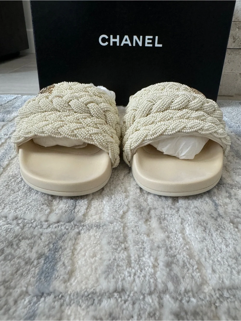 Chanel Cream Pearl Braided Beaded Slide Sandals Gold CC Logo
